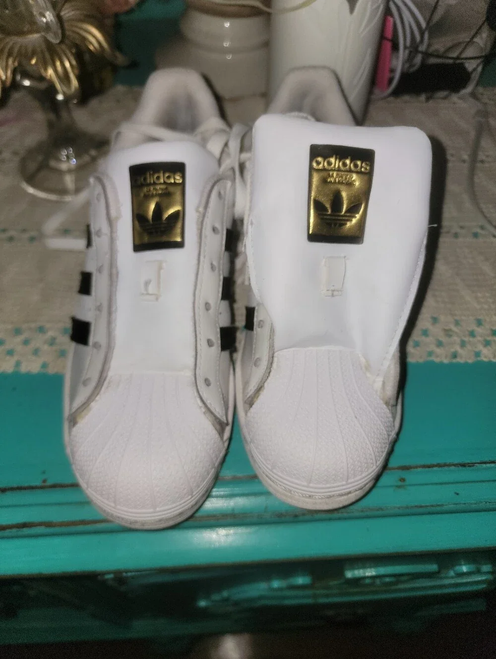 adidas Kids White Sneakers with Black Stripes & Gold Logo